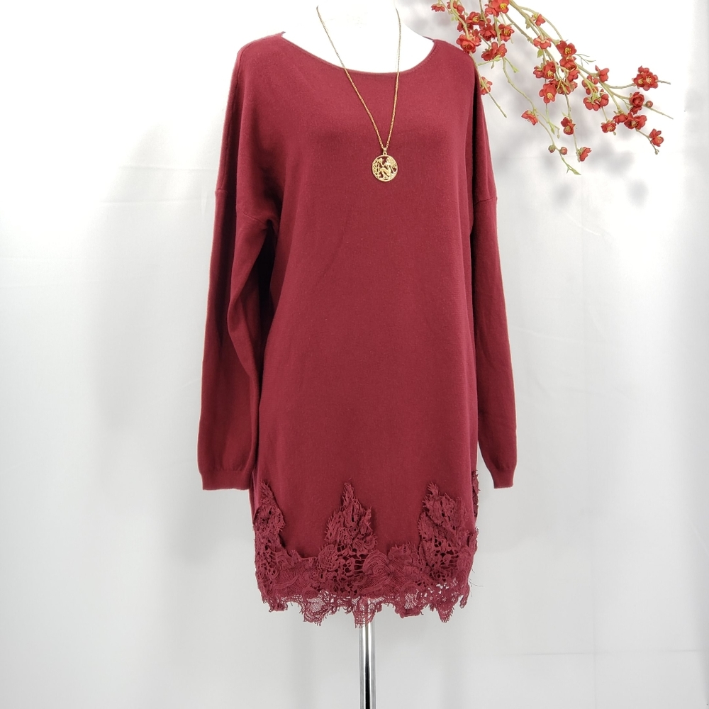 New DREAMERS Merlot Red Soft Tunic Lace Sweater sz S/M